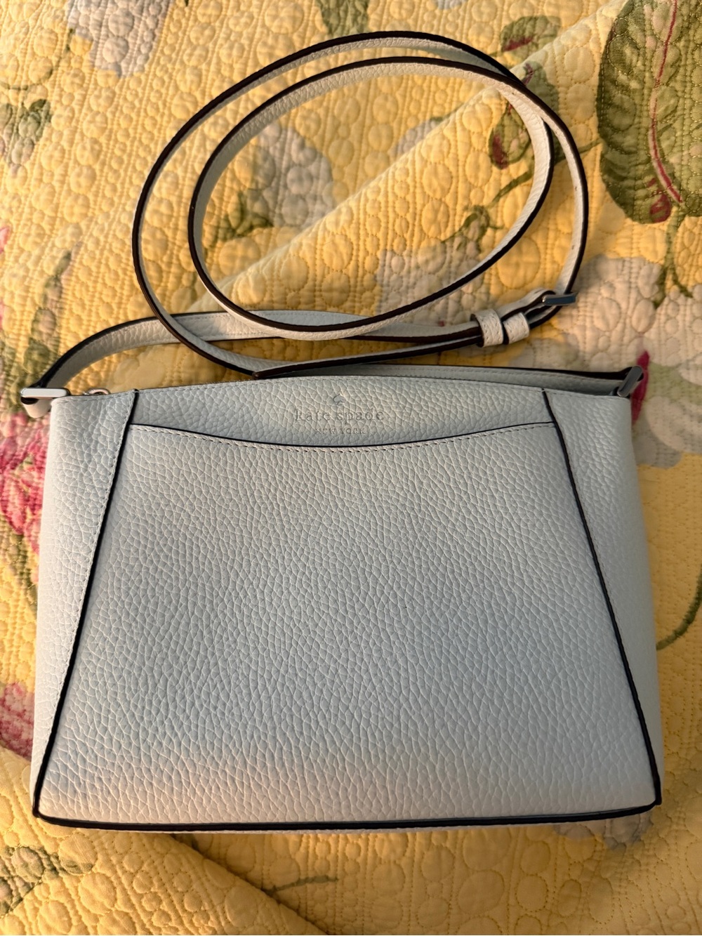 kate spade Powder Blue Pebbled Leather Crossbody with Black Trim